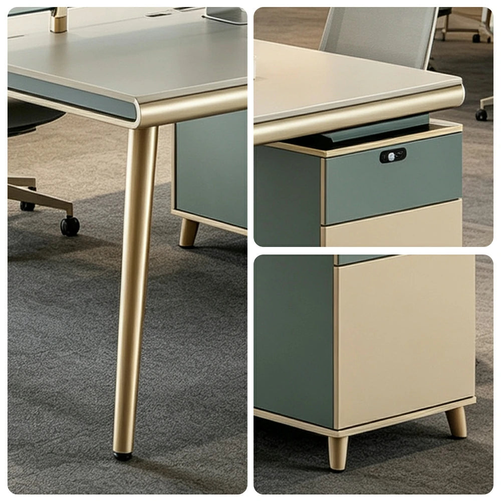 LIVARA 120/140cm 2 Person Office Workstation with E0 Grade Desktop, Privacy Screen & Lockable Storage Cabinet - Beige & Green