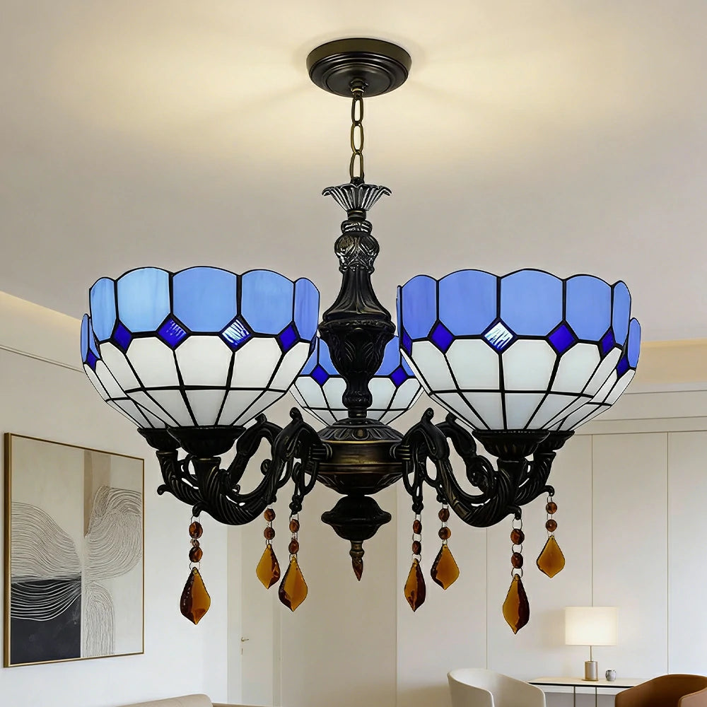 LIVARA Vintage European Stained Glass Chandelier Artistic Pendant Light 63x80cm for Dining Room Living Space - Blue