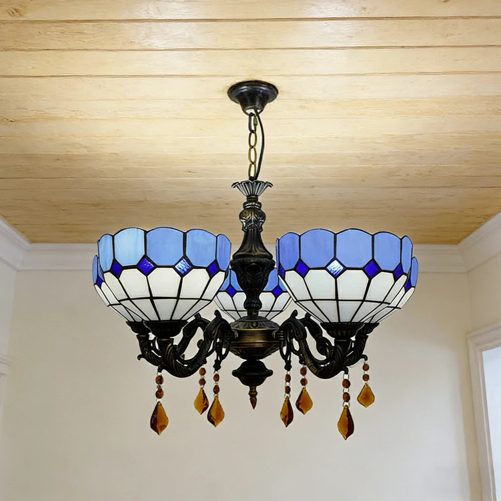 LIVARA Vintage European Stained Glass Chandelier Artistic Pendant Light 63x80cm for Dining Room Living Space - Blue