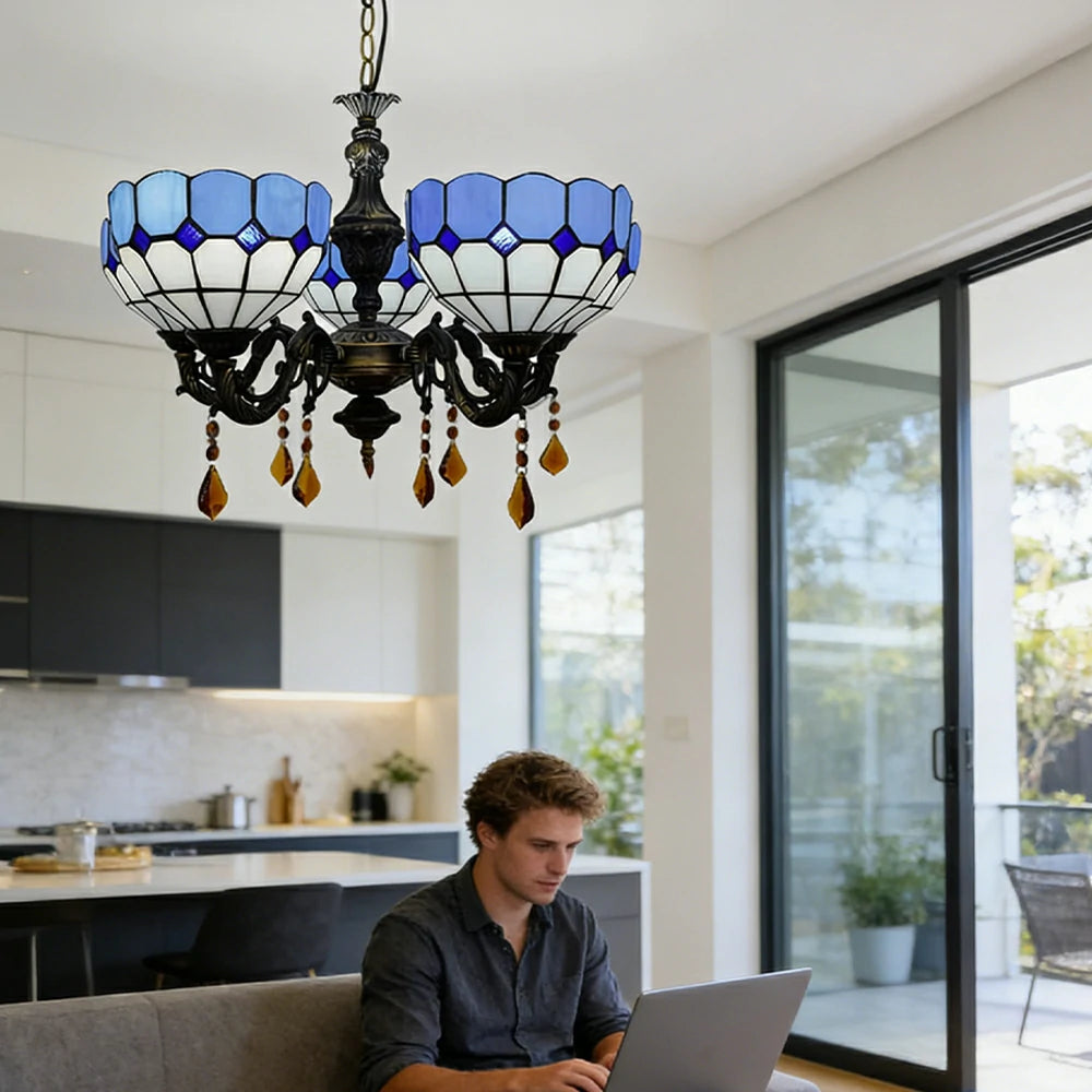 LIVARA Vintage European Stained Glass Chandelier Artistic Pendant Light 63x80cm for Dining Room Living Space - Blue
