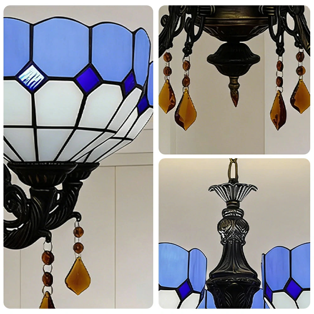 LIVARA Vintage European Stained Glass Chandelier Artistic Pendant Light 63x80cm for Dining Room Living Space - Blue