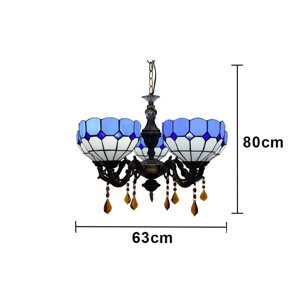 LIVARA Vintage European Stained Glass Chandelier Artistic Pendant Light 63x80cm for Dining Room Living Space - Blue