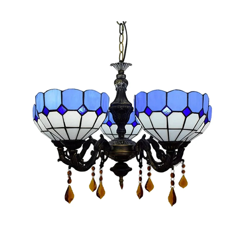 LIVARA Vintage European Stained Glass Chandelier Artistic Pendant Light 63x80cm for Dining Room Living Space - Blue