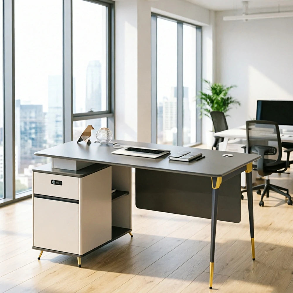 LIVARA 120/140cm Single Office Workstation with E0 Grade Desktop, Lockable Storage Cabinet & Cable Management - Grey & Beige