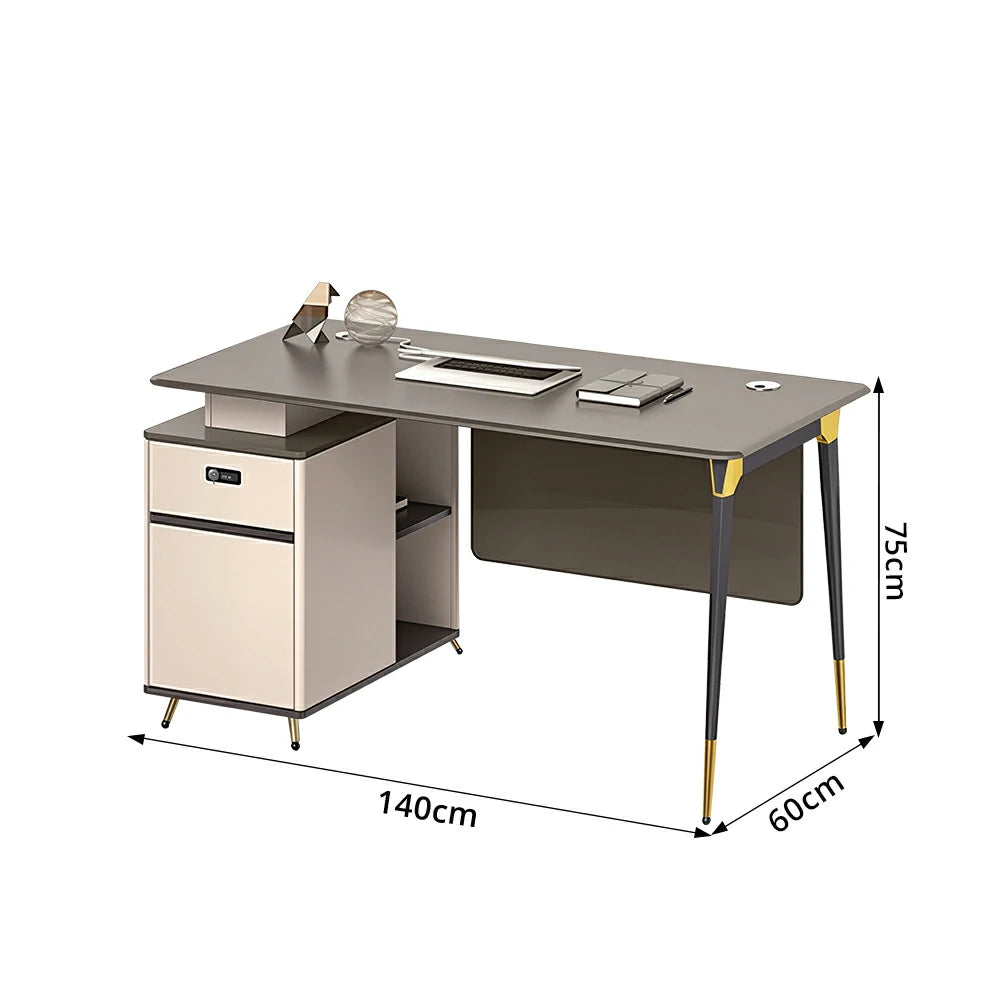 LIVARA 120/140cm Single Office Workstation with E0 Grade Desktop, Lockable Storage Cabinet & Cable Management - Grey & Beige