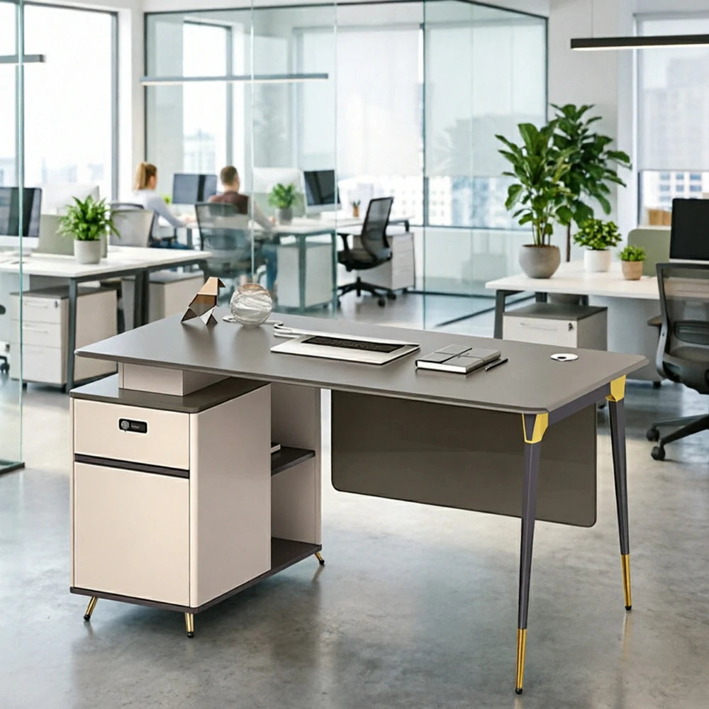 LIVARA 120/140cm Single Office Workstation with E0 Grade Desktop, Lockable Storage Cabinet & Cable Management - Grey & Beige