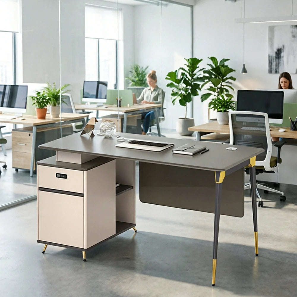 LIVARA 120/140cm Single Office Workstation with E0 Grade Desktop, Lockable Storage Cabinet & Cable Management - Grey & Beige