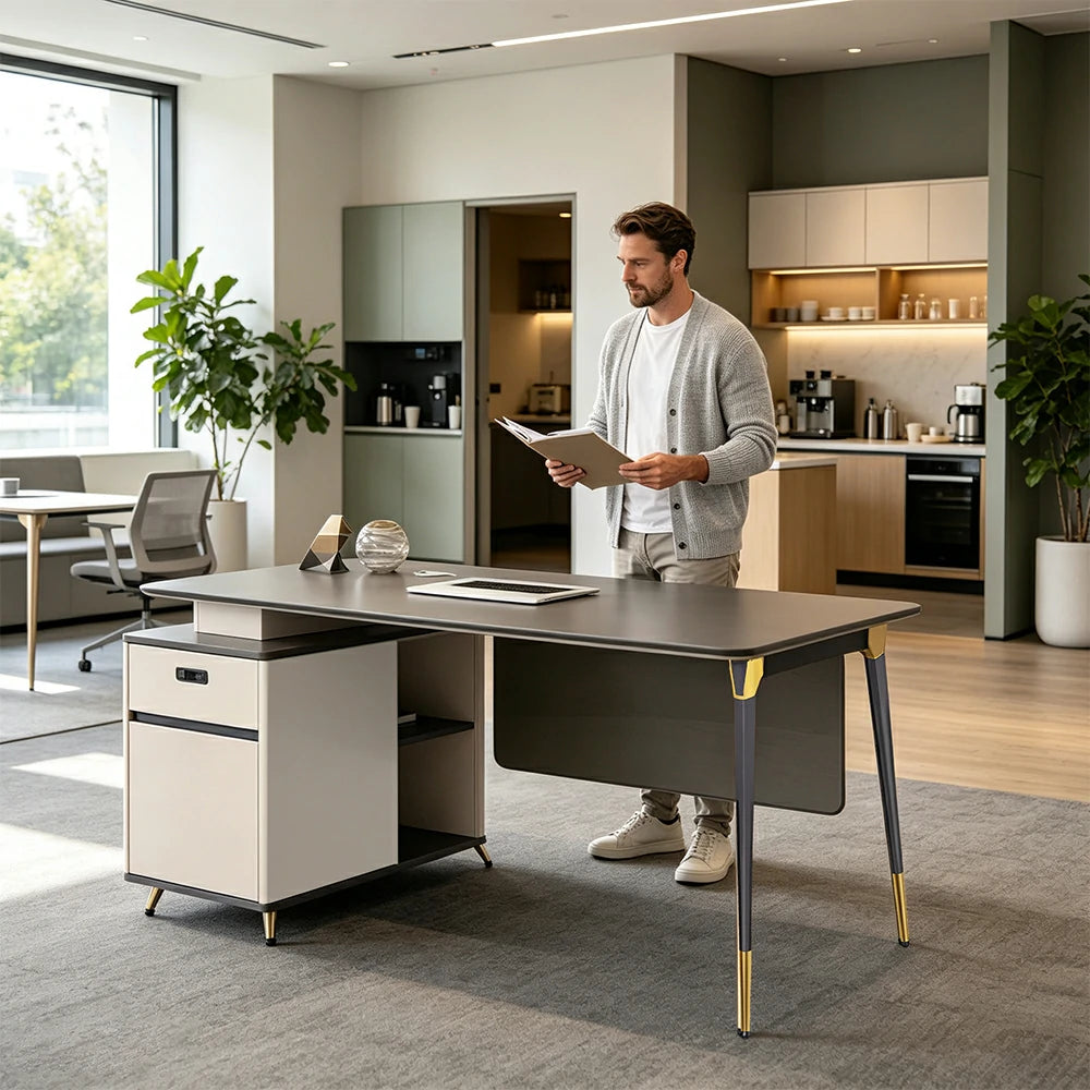 LIVARA 120/140cm Single Office Workstation with E0 Grade Desktop, Lockable Storage Cabinet & Cable Management - Grey & Beige