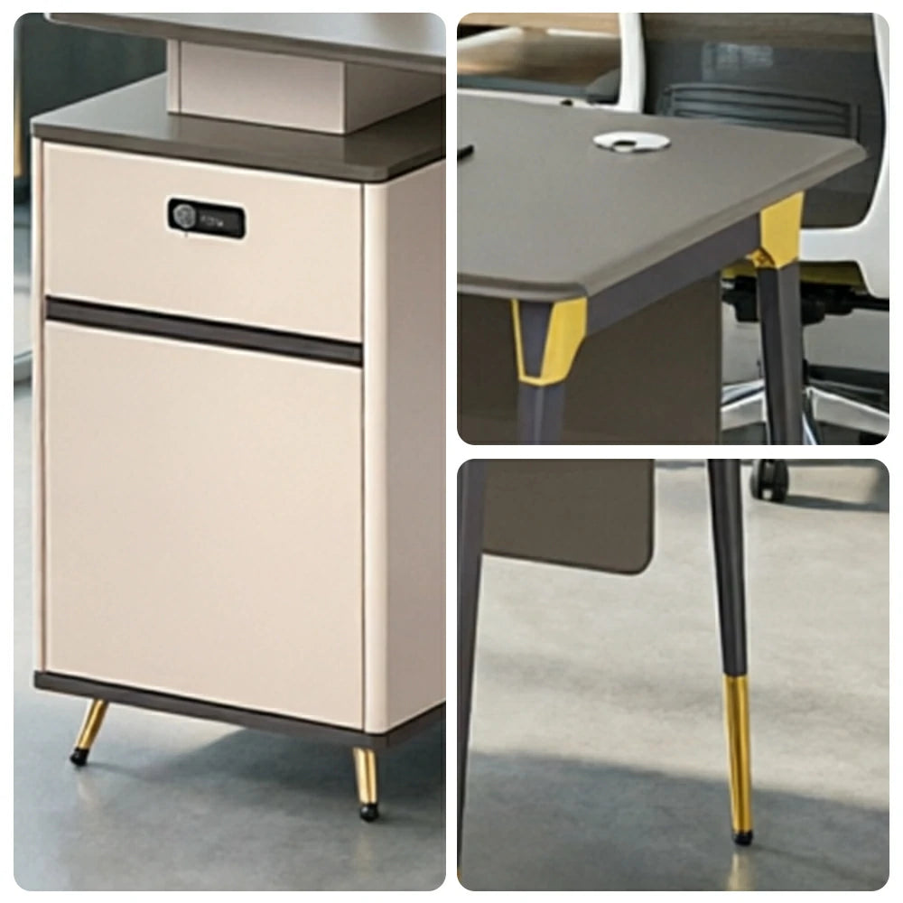 LIVARA 120/140cm Single Office Workstation with E0 Grade Desktop, Lockable Storage Cabinet & Cable Management - Grey & Beige