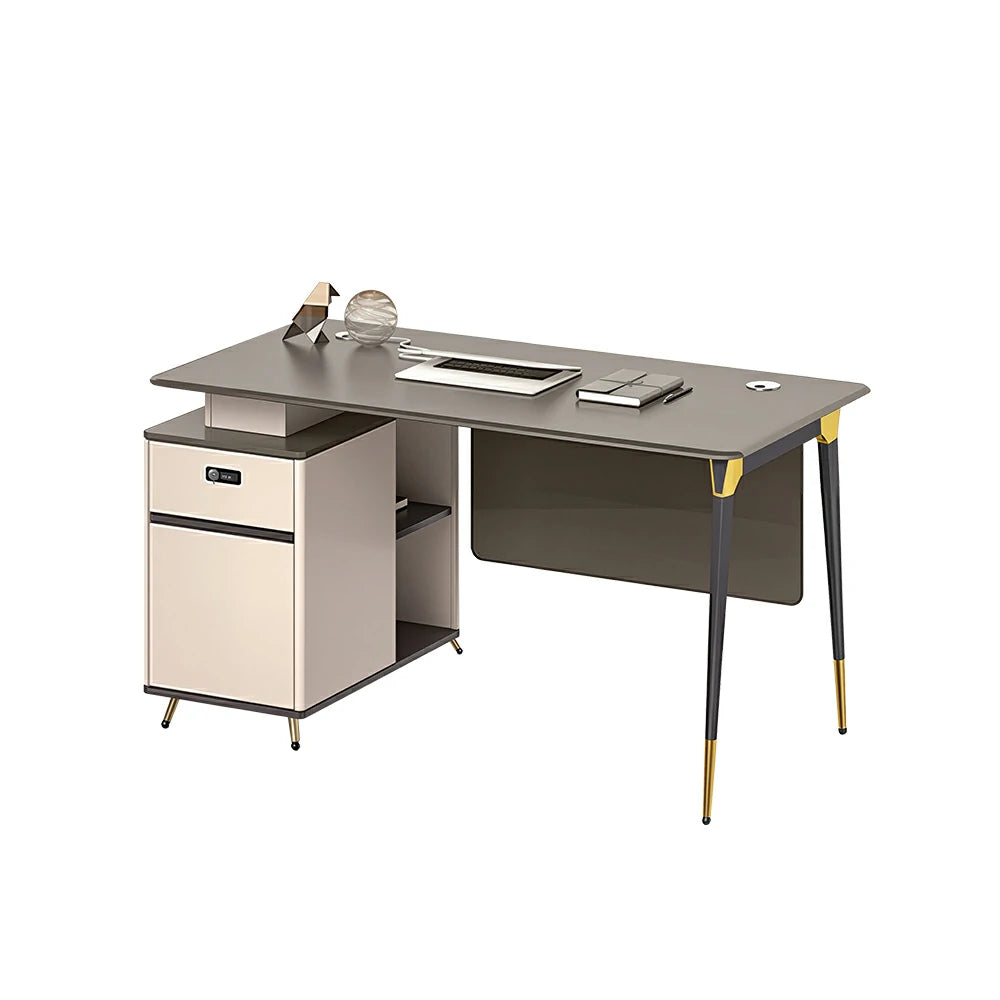 LIVARA 120/140cm Single Office Workstation with E0 Grade Desktop, Lockable Storage Cabinet & Cable Management - Grey & Beige