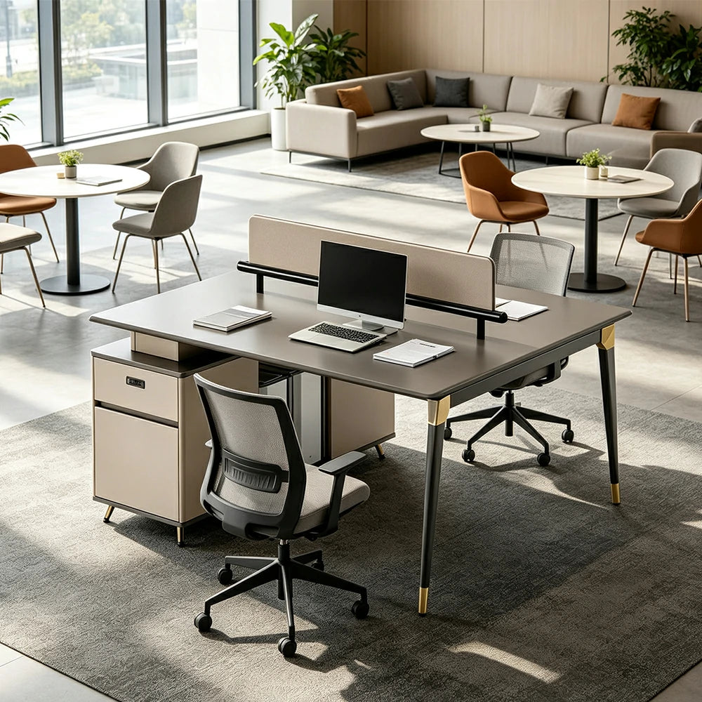 LIVARA 120/140cm 2 Person Office Workstation with E0 Grade Desktop, Privacy Screen & Lockable Storage Cabinet - Grey & Beige
