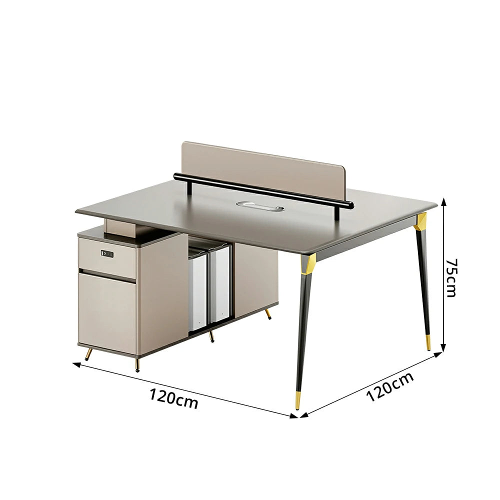 LIVARA 120/140cm 2 Person Office Workstation with E0 Grade Desktop, Privacy Screen & Lockable Storage Cabinet - Grey & Beige