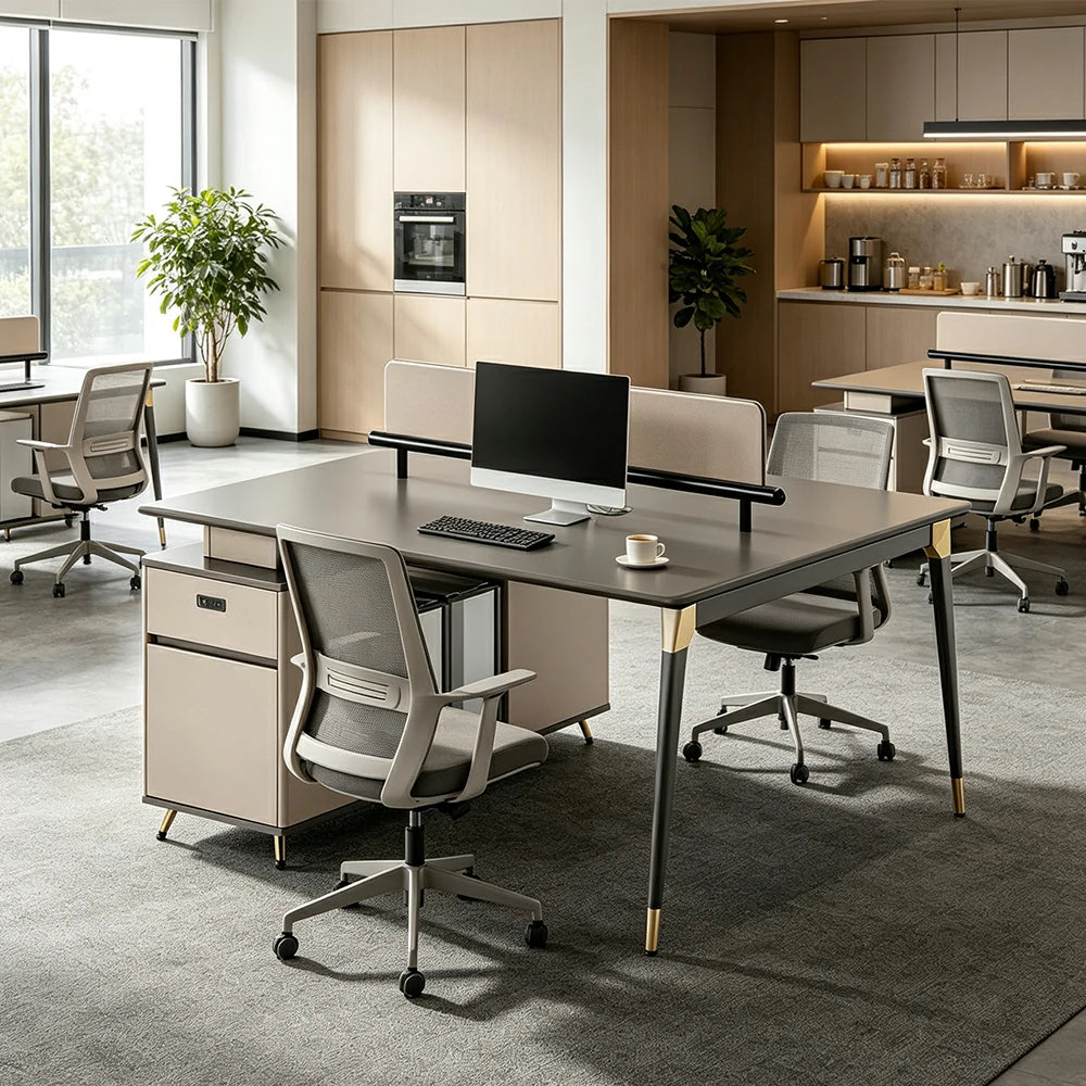 LIVARA 120/140cm 2 Person Office Workstation with E0 Grade Desktop, Privacy Screen & Lockable Storage Cabinet - Grey & Beige
