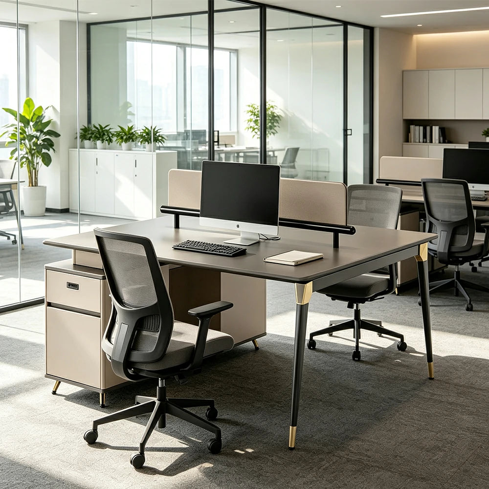 LIVARA 120/140cm 2 Person Office Workstation with E0 Grade Desktop, Privacy Screen & Lockable Storage Cabinet - Grey & Beige