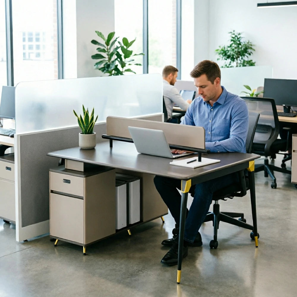 LIVARA 120/140cm 2 Person Office Workstation with E0 Grade Desktop, Privacy Screen & Lockable Storage Cabinet - Grey & Beige