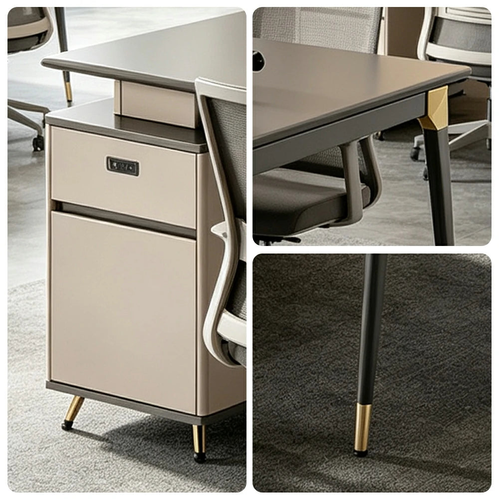 LIVARA 120/140cm 2 Person Office Workstation with E0 Grade Desktop, Privacy Screen & Lockable Storage Cabinet - Grey & Beige