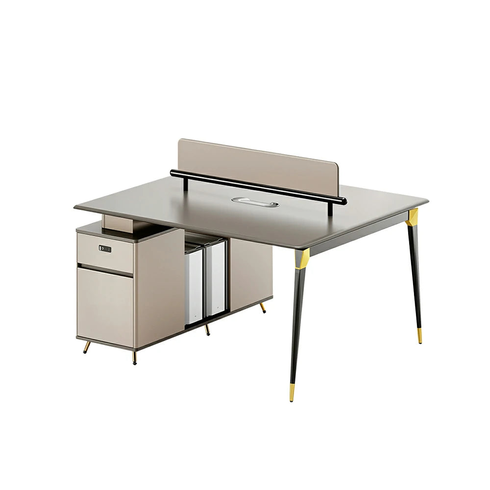 LIVARA 120/140cm 2 Person Office Workstation with E0 Grade Desktop, Privacy Screen & Lockable Storage Cabinet - Grey & Beige