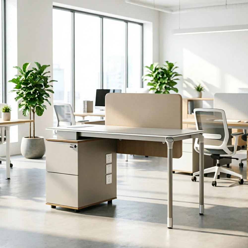 LIVARA 120/140cm Single Office Workstation with Reversible Storage Cabinet, Privacy Screen & Cable Management - White & Beige