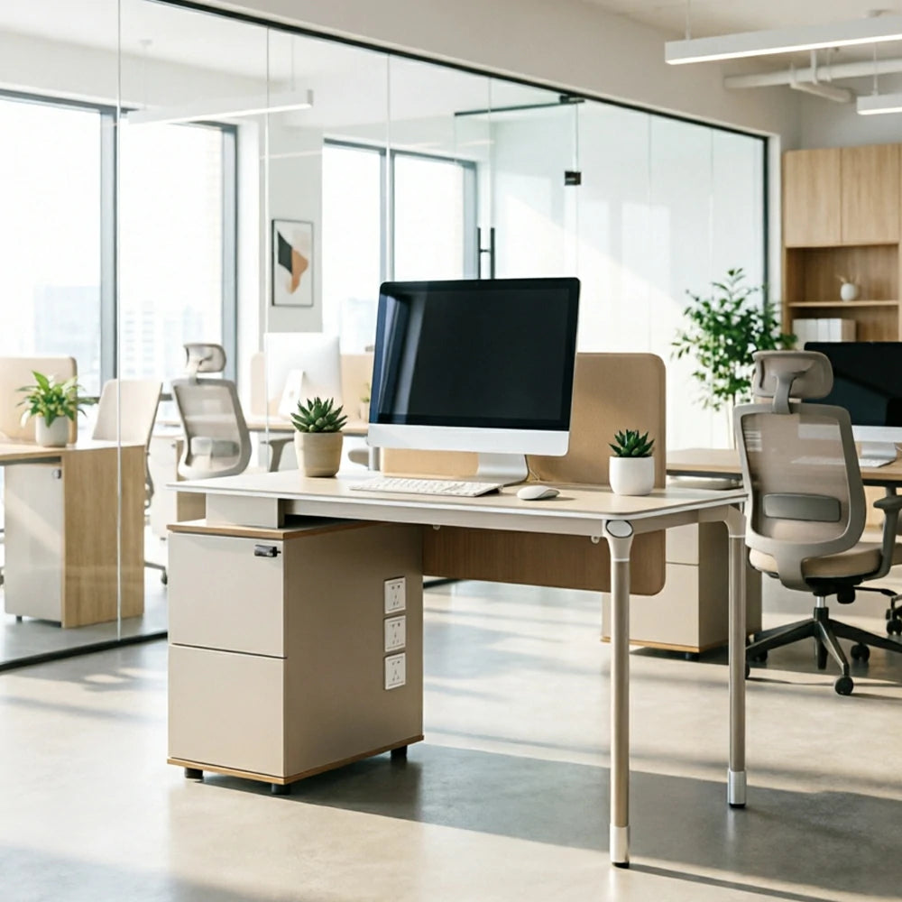 LIVARA 120/140cm Single Office Workstation with Reversible Storage Cabinet, Privacy Screen & Cable Management - White & Beige