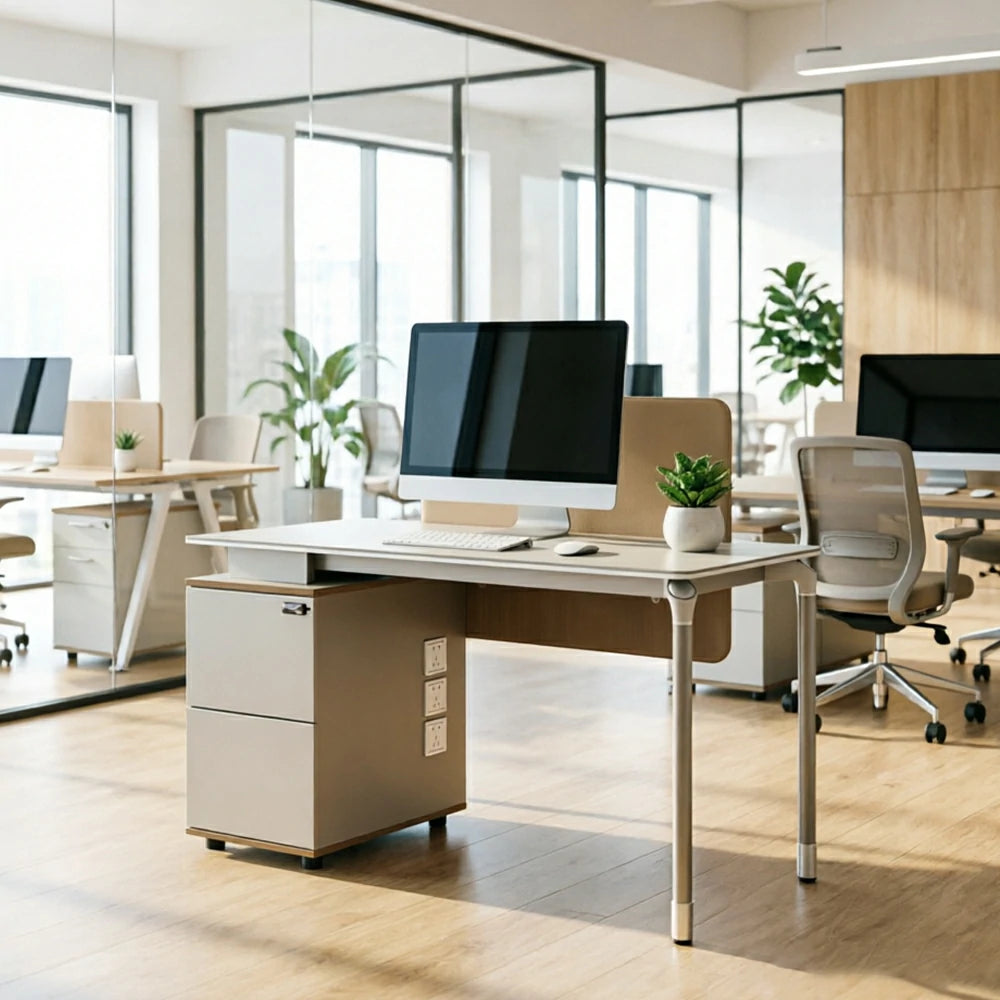 LIVARA 120/140cm Single Office Workstation with Reversible Storage Cabinet, Privacy Screen & Cable Management - White & Beige