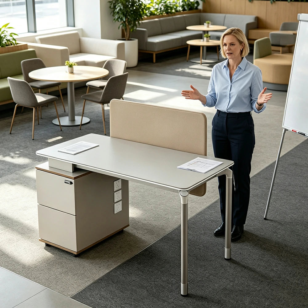 LIVARA 120/140cm Single Office Workstation with Reversible Storage Cabinet, Privacy Screen & Cable Management - White & Beige