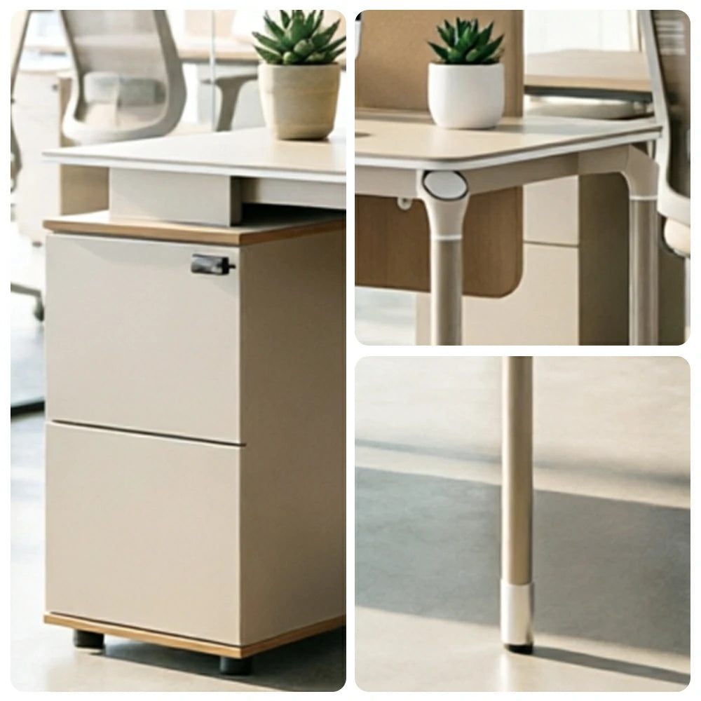 LIVARA 120/140cm Single Office Workstation with Reversible Storage Cabinet, Privacy Screen & Cable Management - White & Beige