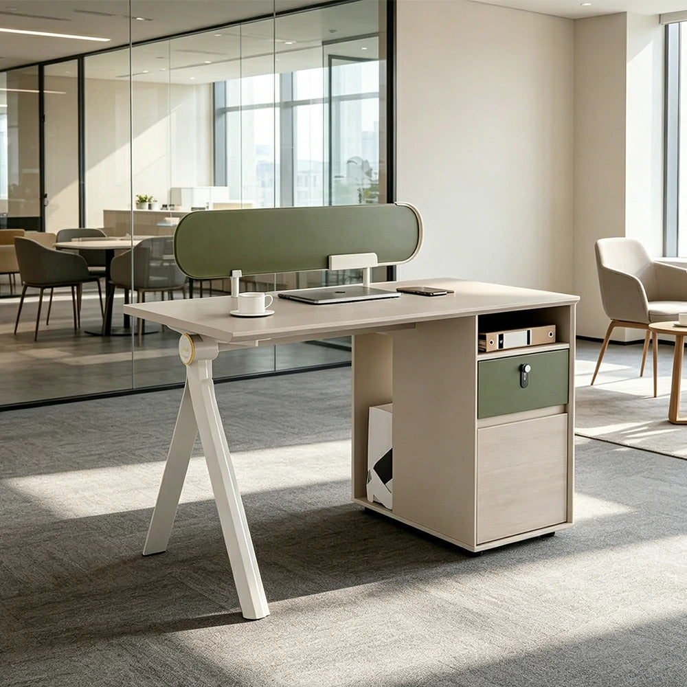 LIVARA 120/140cm Single Office Workstation with Privacy Screen, Lockable Storage Cabinet & Integrated Power Access - White & Green