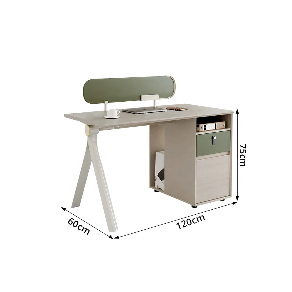 LIVARA 120/140cm Single Office Workstation with Privacy Screen, Lockable Storage Cabinet & Integrated Power Access - White & Green
