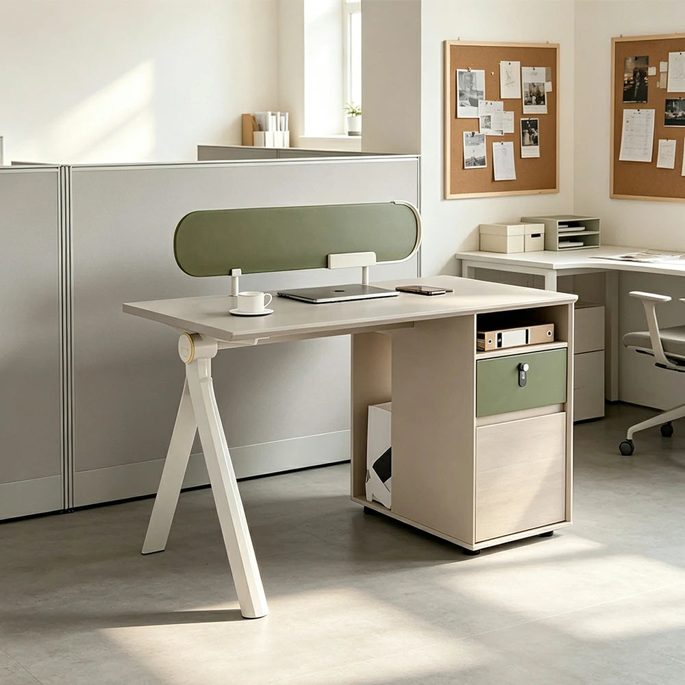 LIVARA 120/140cm Single Office Workstation with Privacy Screen, Lockable Storage Cabinet & Integrated Power Access - White & Green