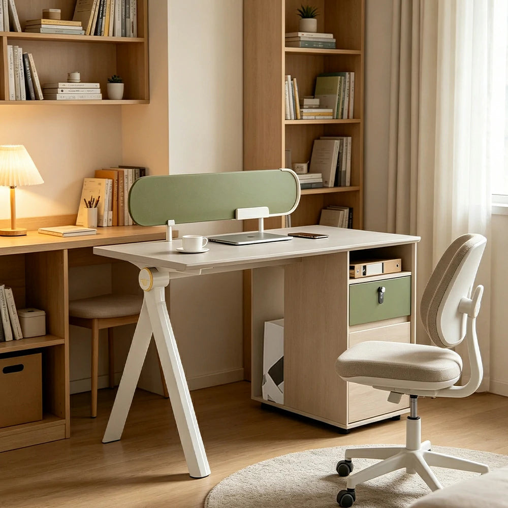 LIVARA 120/140cm Single Office Workstation with Privacy Screen, Lockable Storage Cabinet & Integrated Power Access - White & Green