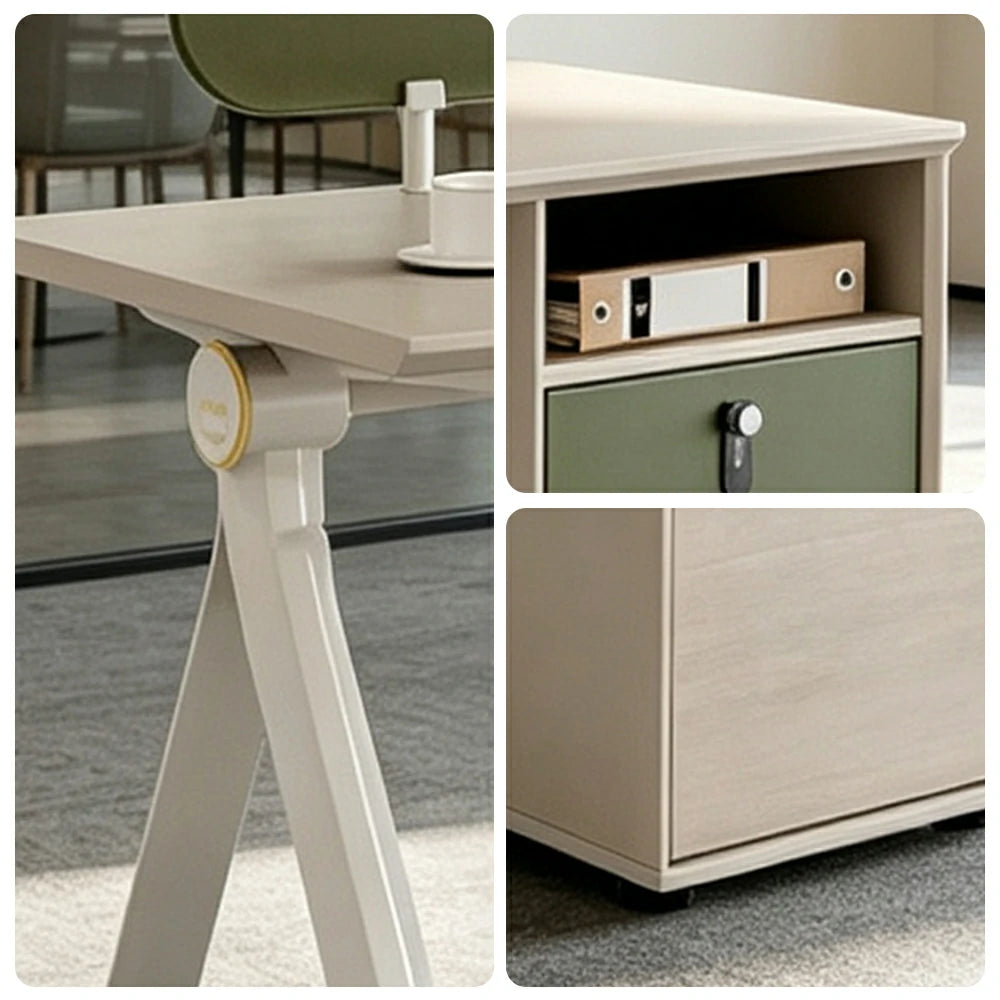 LIVARA 120/140cm Single Office Workstation with Privacy Screen, Lockable Storage Cabinet & Integrated Power Access - White & Green