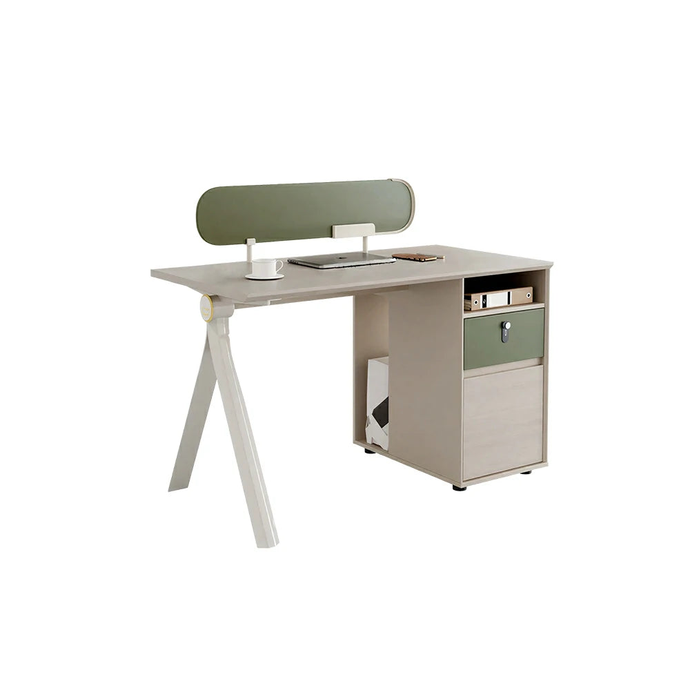 LIVARA 120/140cm Single Office Workstation with Privacy Screen, Lockable Storage Cabinet & Integrated Power Access - White & Green