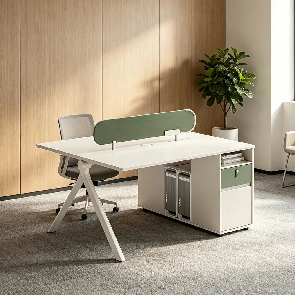 LIVARA 120/140cm 2 Person Office Workstation with Privacy Screen, Lockable Storage Cabinet & Integrated Power Access - White & Green