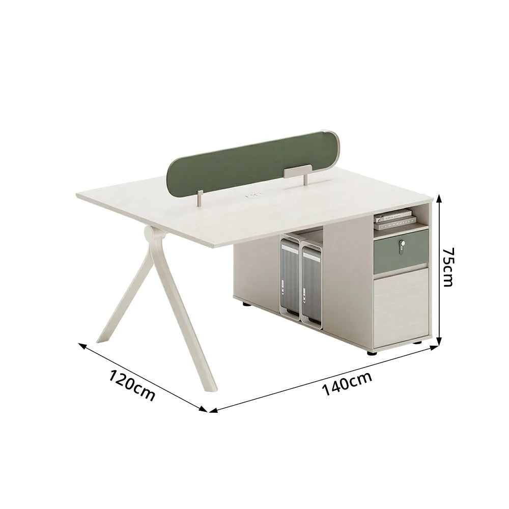 LIVARA 120/140cm 2 Person Office Workstation with Privacy Screen, Lockable Storage Cabinet & Integrated Power Access - White & Green