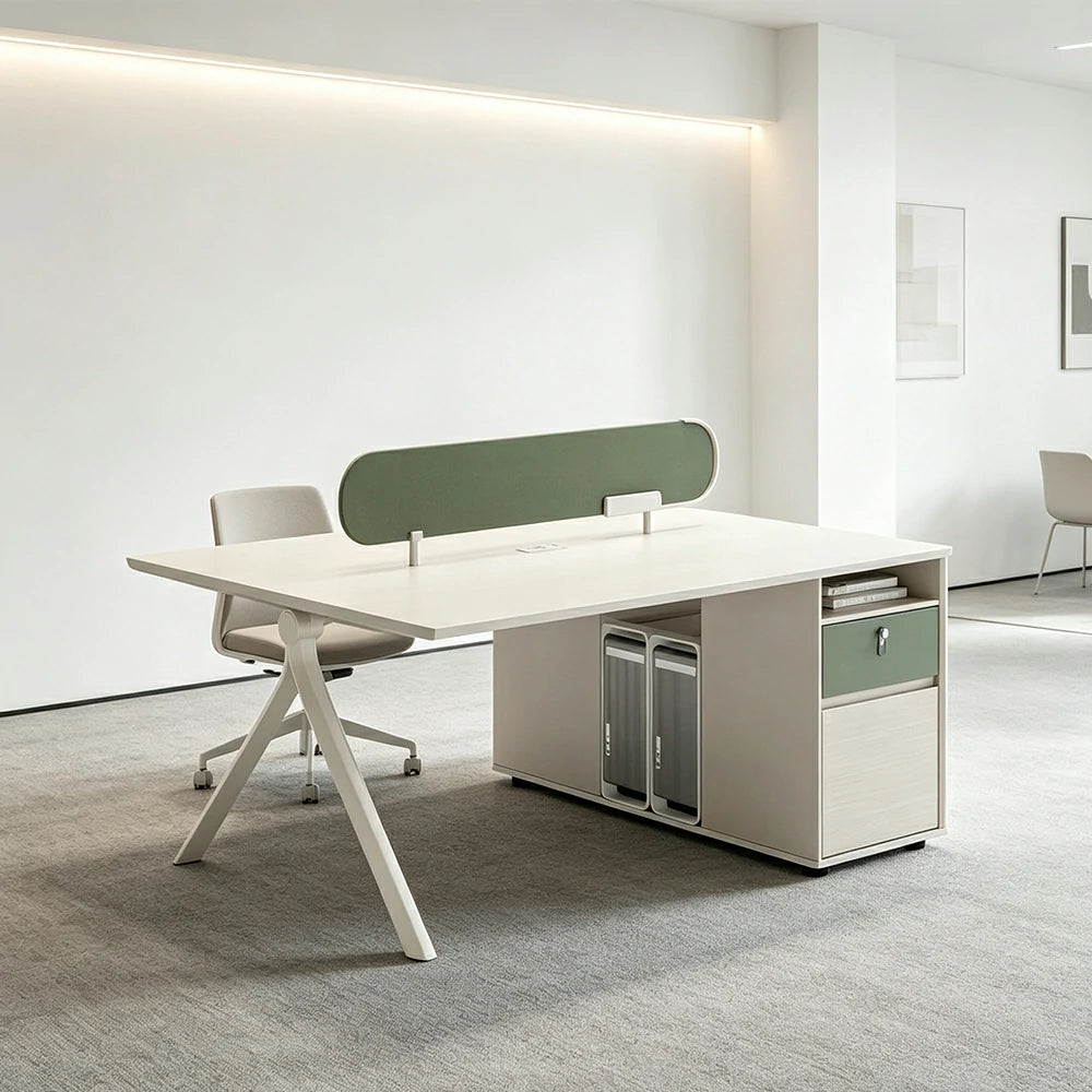 LIVARA 120/140cm 2 Person Office Workstation with Privacy Screen, Lockable Storage Cabinet & Integrated Power Access - White & Green