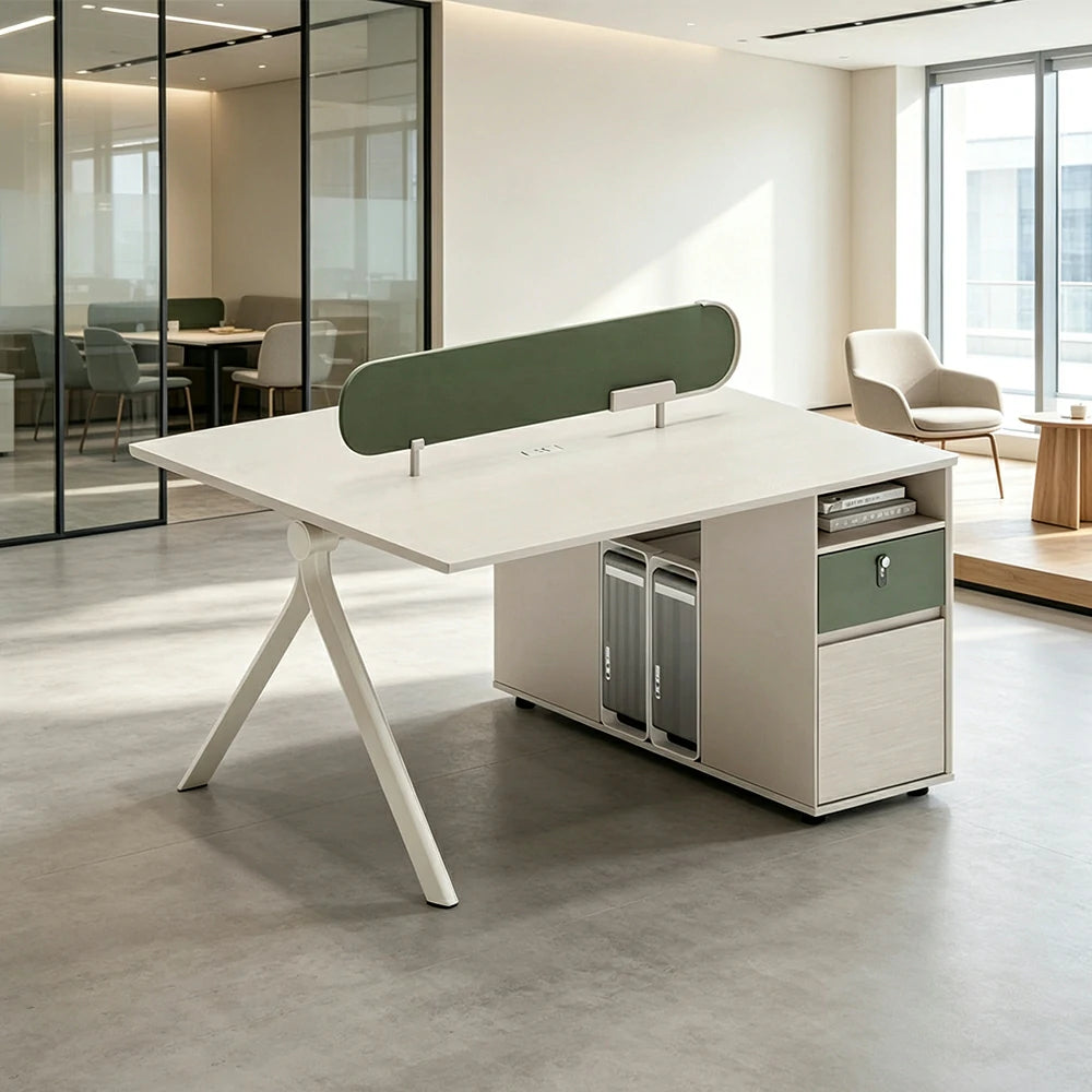LIVARA 120/140cm 2 Person Office Workstation with Privacy Screen, Lockable Storage Cabinet & Integrated Power Access - White & Green