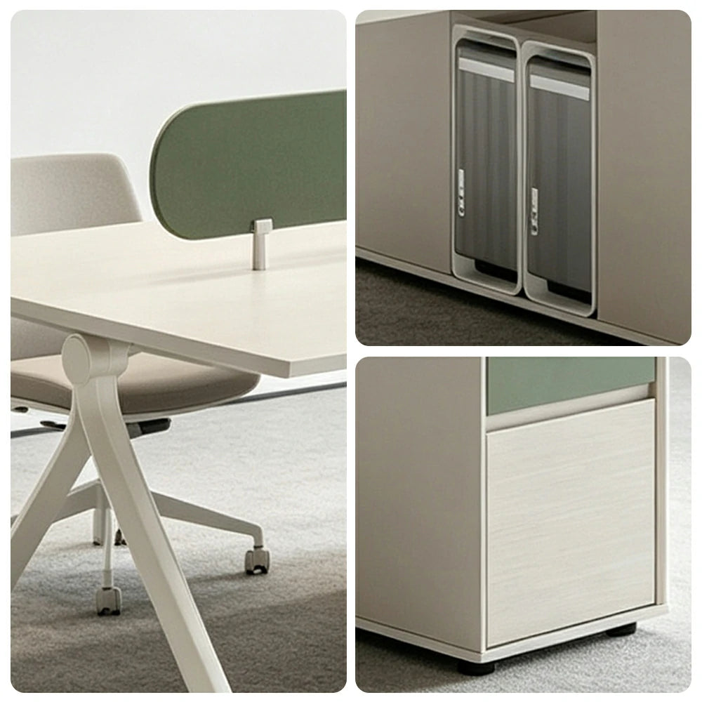LIVARA 120/140cm 2 Person Office Workstation with Privacy Screen, Lockable Storage Cabinet & Integrated Power Access - White & Green