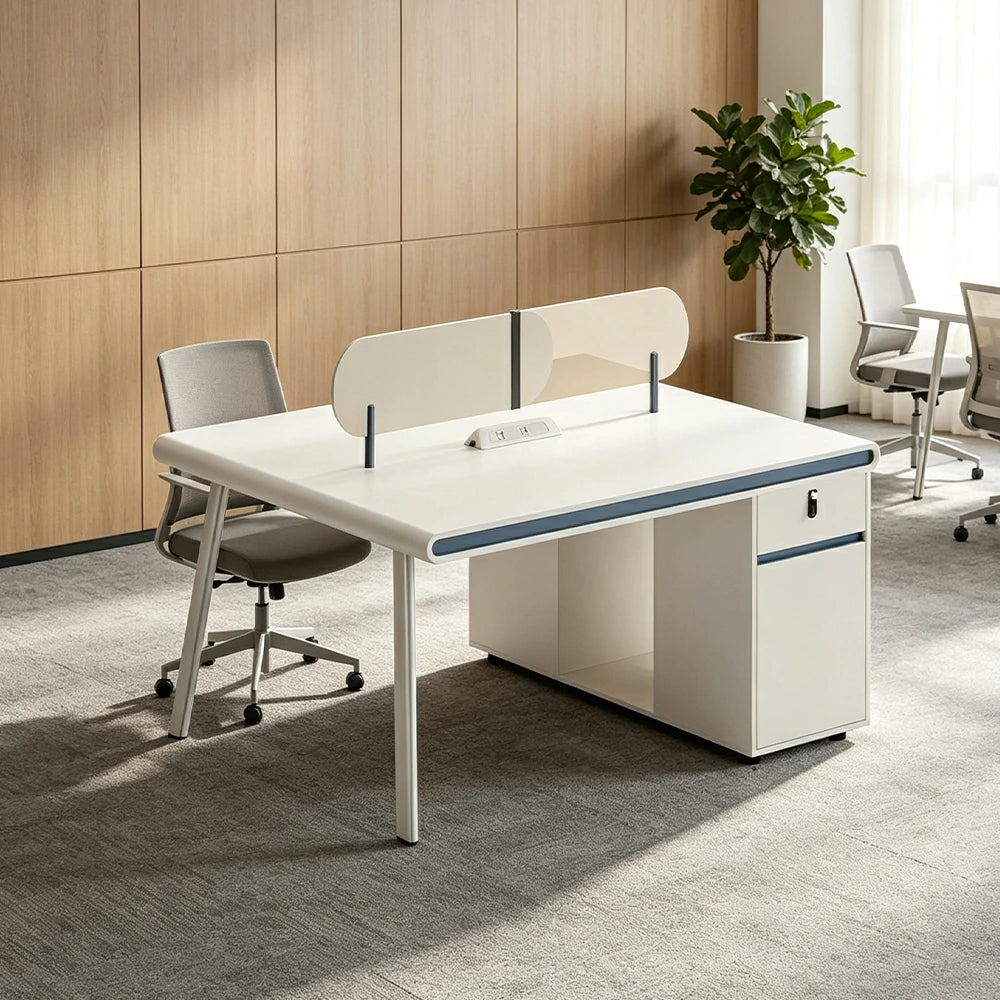 LIVARA 125/145cm 2 Person Office Workstation with E0 Grade Desktop, Privacy Screen, Power Access & Lockable Cabinet - White & Beige