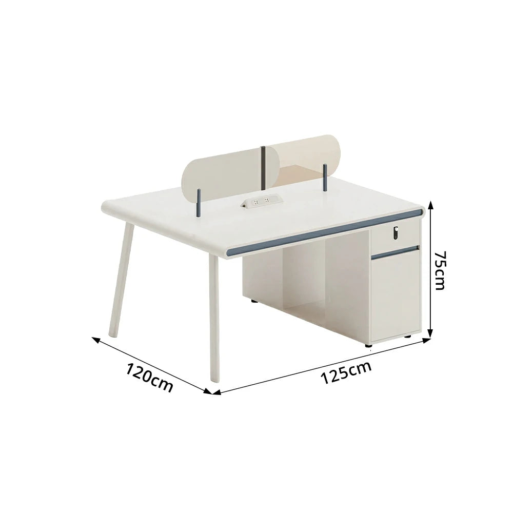 LIVARA 125/145cm 2 Person Office Workstation with E0 Grade Desktop, Privacy Screen, Power Access & Lockable Cabinet - White & Beige