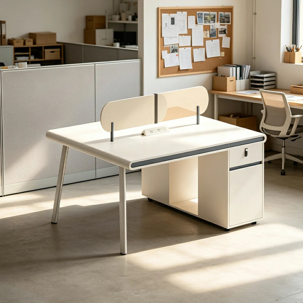 LIVARA 125/145cm 2 Person Office Workstation with E0 Grade Desktop, Privacy Screen, Power Access & Lockable Cabinet - White & Beige