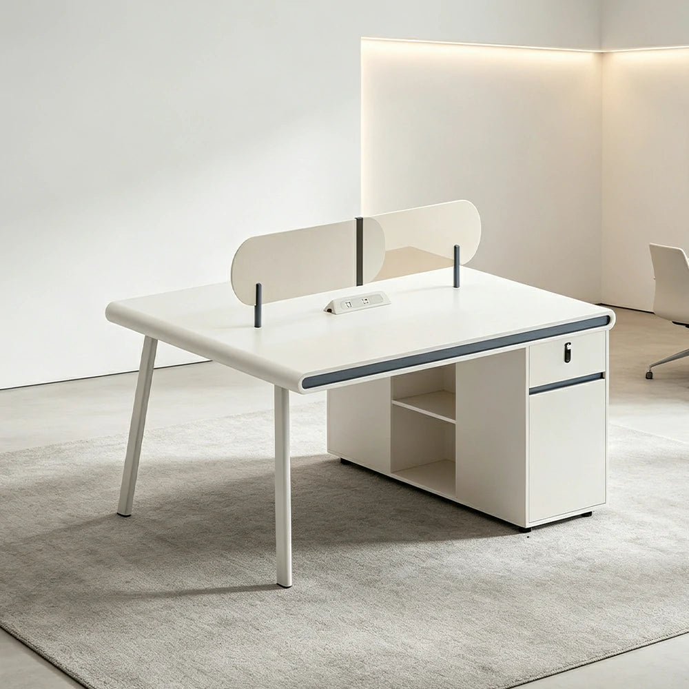 LIVARA 125/145cm 2 Person Office Workstation with E0 Grade Desktop, Privacy Screen, Power Access & Lockable Cabinet - White & Beige