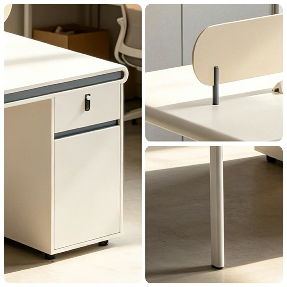 LIVARA 125/145cm 2 Person Office Workstation with E0 Grade Desktop, Privacy Screen, Power Access & Lockable Cabinet - White & Beige