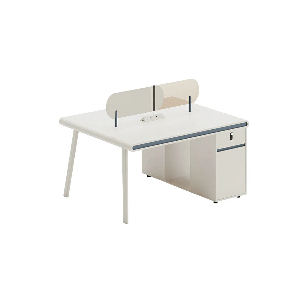 LIVARA 125/145cm 2 Person Office Workstation with E0 Grade Desktop, Privacy Screen, Power Access & Lockable Cabinet - White & Beige