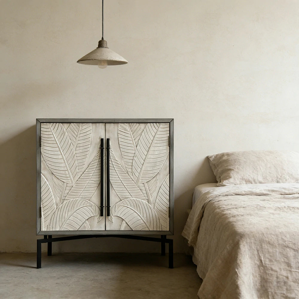 LIVARA Vintage Carved Leaf Storage Cabinet with Metal Legs Solid Spruce Wood MDF Distressed Decorative Sideboard