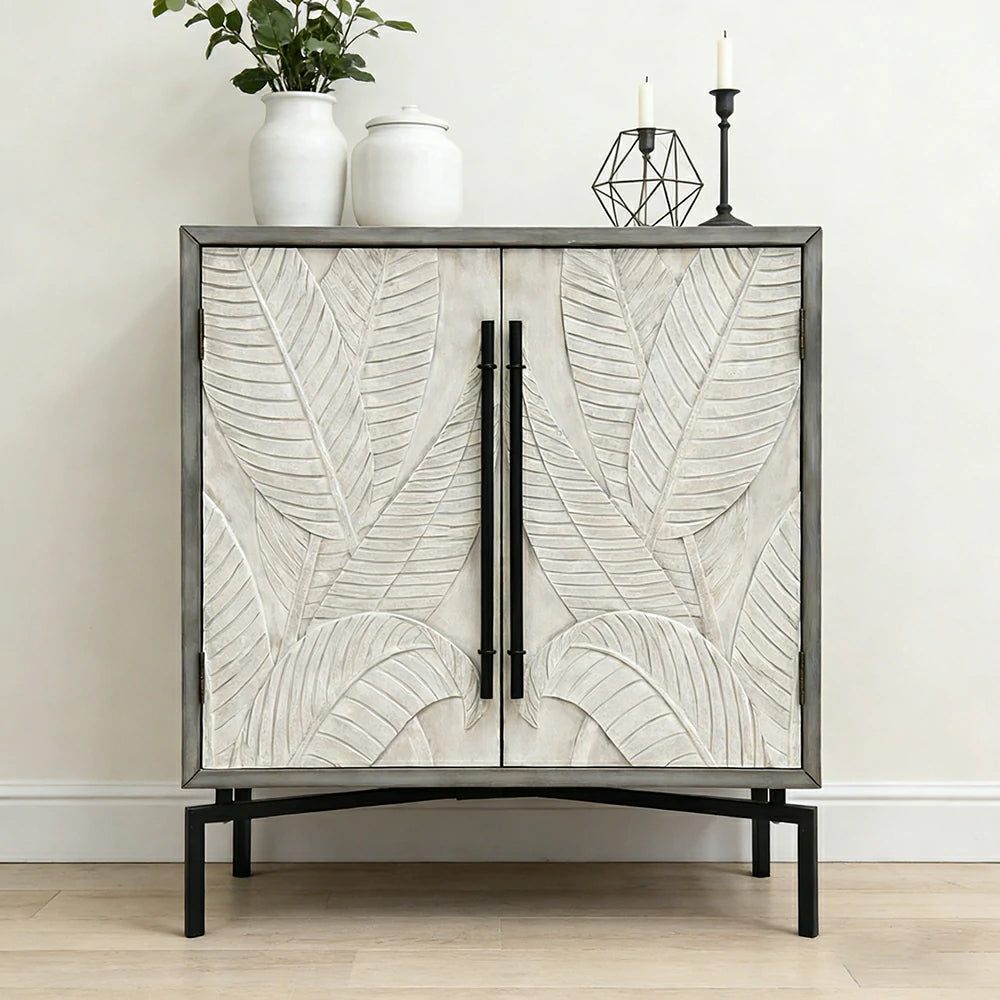 LIVARA Vintage Carved Leaf Storage Cabinet with Metal Legs Solid Spruce Wood MDF Distressed Decorative Sideboard