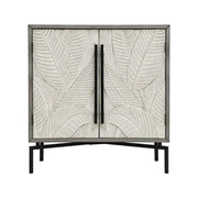 LIVARA Vintage Carved Leaf Storage Cabinet with Metal Legs Solid Spruce Wood MDF Distressed Decorative Sideboard