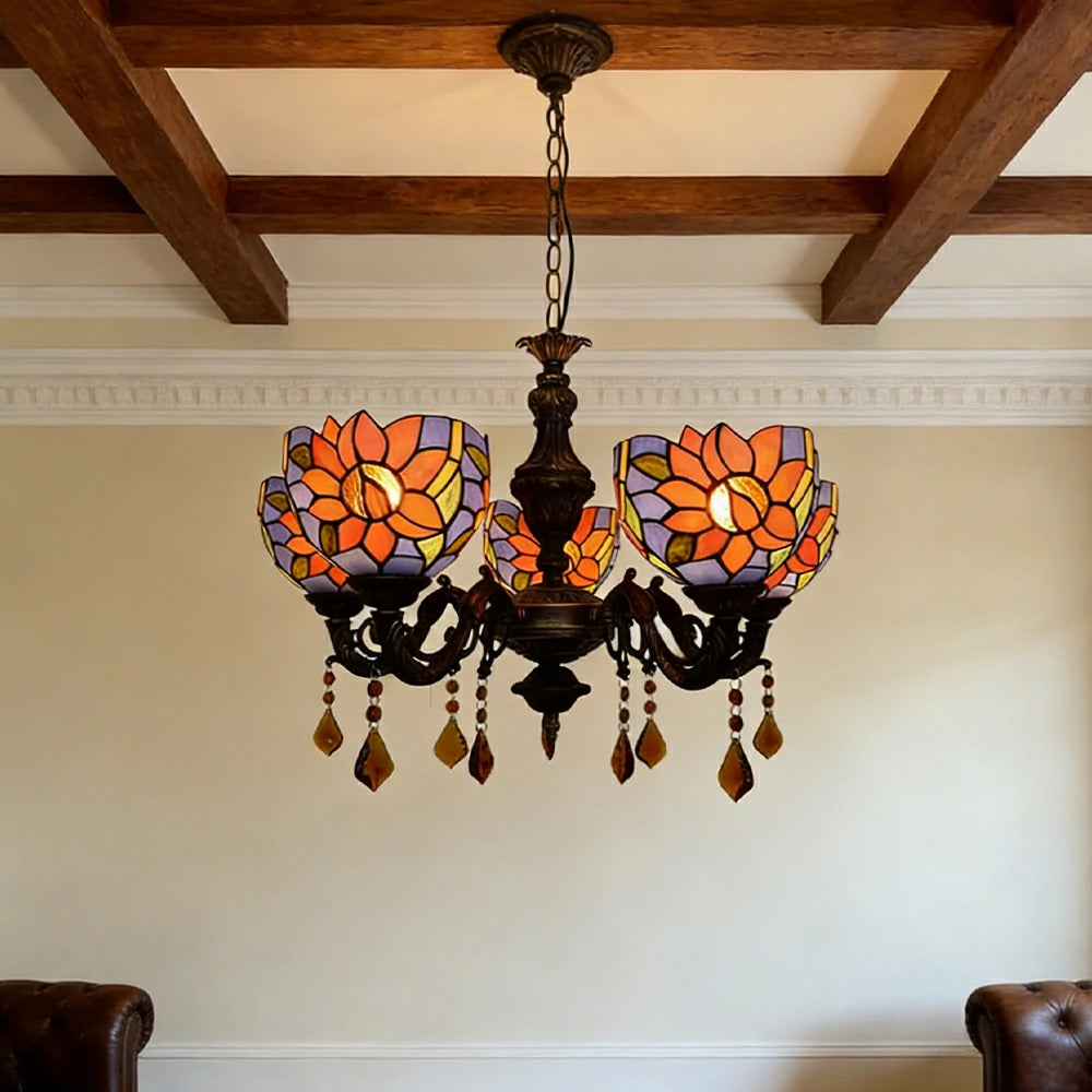 LIVARA 5-Light Stained Glass Chandelier Vintage Pendant Light Adjustable Chain 60x80cm Blue Sunflower Pattern Design for Dining Living Room