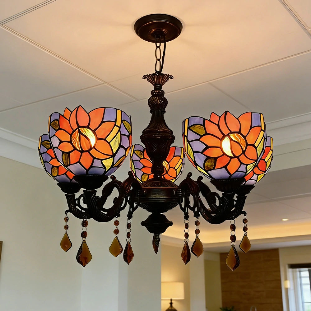 LIVARA 5-Light Stained Glass Chandelier Vintage Pendant Light Adjustable Chain 60x80cm Blue Sunflower Pattern Design for Dining Living Room