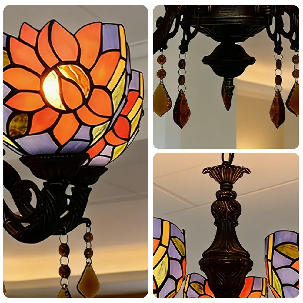 LIVARA 5-Light Stained Glass Chandelier Vintage Pendant Light Adjustable Chain 60x80cm Blue Sunflower Pattern Design for Dining Living Room