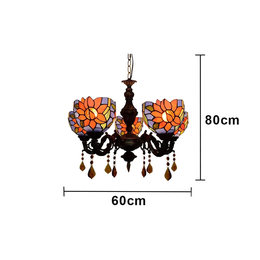 LIVARA 5-Light Stained Glass Chandelier Vintage Pendant Light Adjustable Chain 60x80cm Blue Sunflower Pattern Design for Dining Living Room